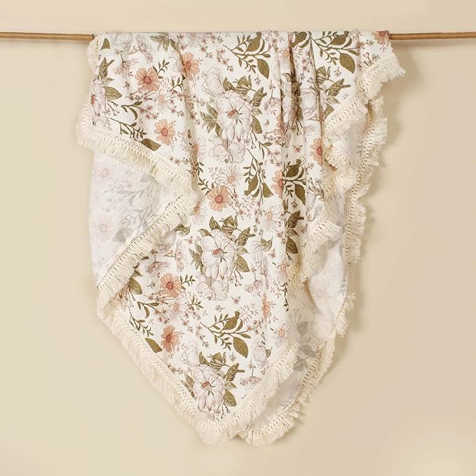 Little Jump Cotton Muslin Swaddle Blankets with Tassel, Boho Bohimia Muslin Baby Blanket Neutral with Fringe, Vintage Teddy Bear Nursery Decor Muslin Throw Blanket 47" x40" (Vintage Blossom)