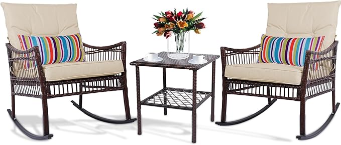 DECMICO 3 Pieces Patio Furniture Set, Wicker Rocking Chairs Bistro Set with Coffee Table, Outdoor Conversation Set for Garden and Balcony (Brown Rattan Beige Cushion)
