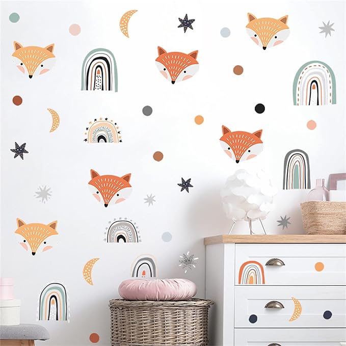 ROFARSO Colorful Cute Fox and Rainbow Wall Sticker for Kid Removable Animal Dot Star Wall Decal DIY Decoration for Nursery Baby Bedroom Playroom Living Room Gaming Room