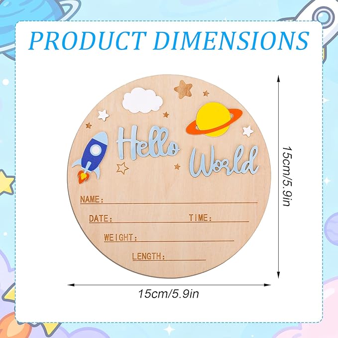 Hello World Newborn Announcement Sign, Wooden Baby Birth Announcement Sign with Pen Rocket and Planet Decorations Suitable for Hospital Nursery Photo Props