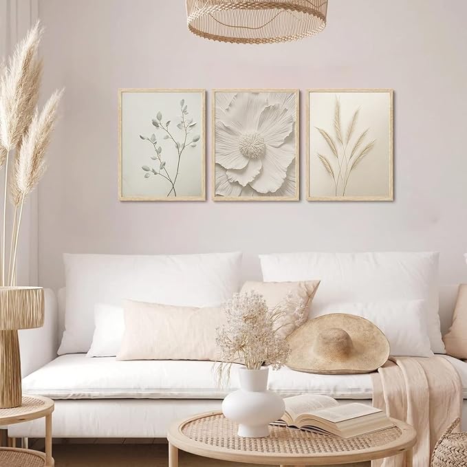 CHMMART 3 Piece Neutral Botanical Framed Wall Art Beige Floral Canvas Art Prints Minimalist Flower Pictures Wall Decor Boho Painting Artwork for Living Room Bedroom Bathroom 12x16in