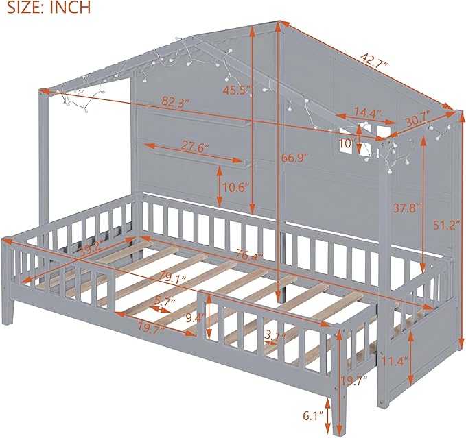 Merax Twin Size House Bed with Shelves, House Bed with Window and Sparkling Light Strip on The Roof, Grey