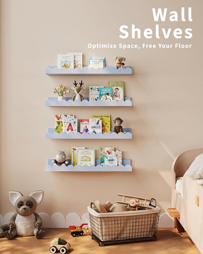 Shario Nursery Book Shelves, 4-Pack White Floating Shelves for Wall Kids, Scalloped Shelves, Wall Book Shelves for Bedroom Kids, Toddler Room, Baby Room, Nursery Decor (Blue, 16.5 Inches)