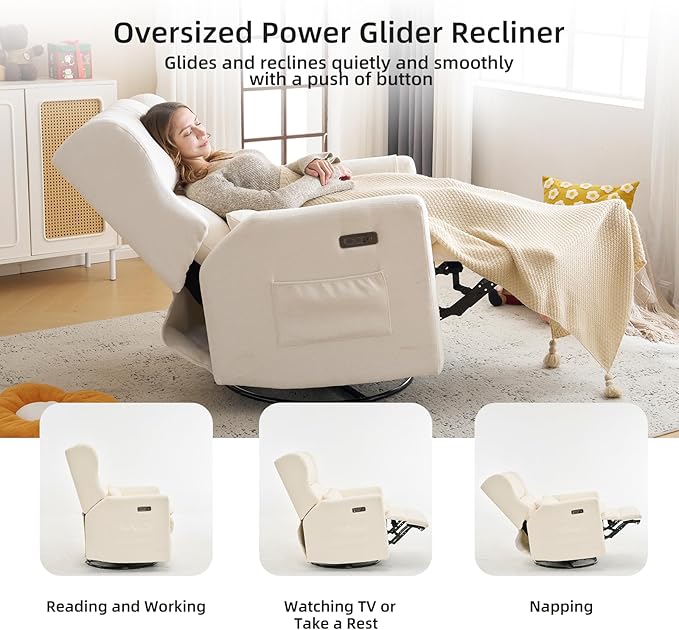Oversized Swivel Rocker Recliner Chair, 26" Extra Wide Nursery Glider Recliner with Adjustable Headrest, Power Recliner Swivel Glider with Double Cushion, Cup Holder, White