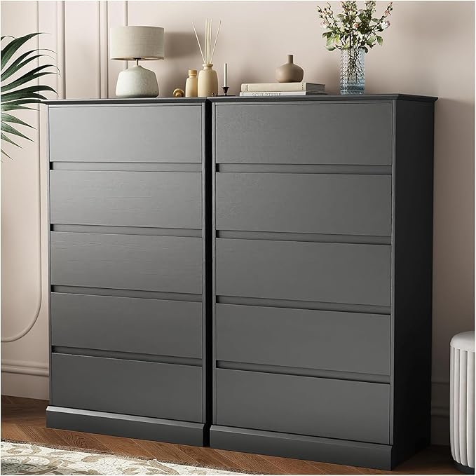 5 Drawer Dresser, Modern Tall Dresser for Bedroom, Wooden Black Chest of Drawers with Large Stoage, Vertical Dressers for Bedroom,Living Room, Entryway, or Hallway, Black