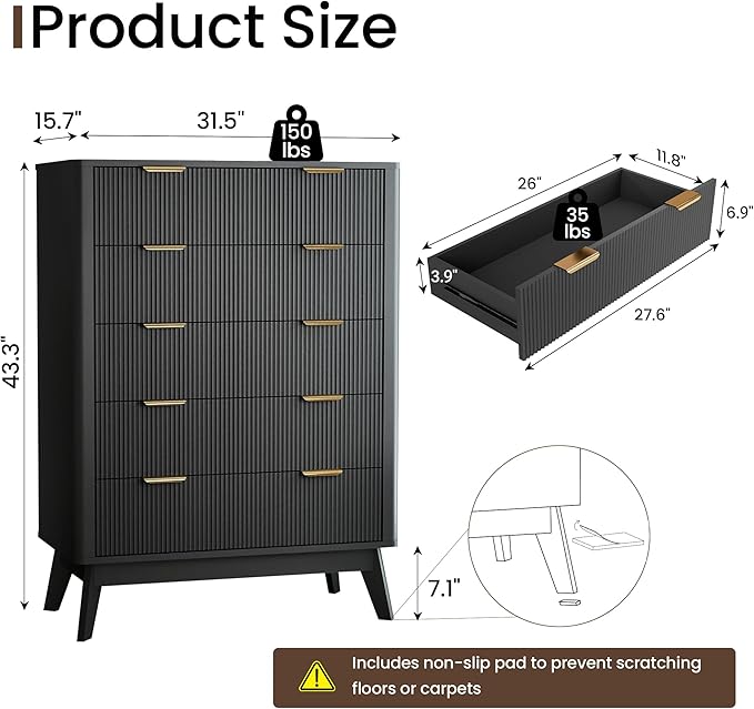SUNWAVE Fluted 5 Drawer Dresser for Bedroom, 43.3" Tall Dressers with Round Corner, Mid-Century Modern Wood Chest for Living Room, Entry