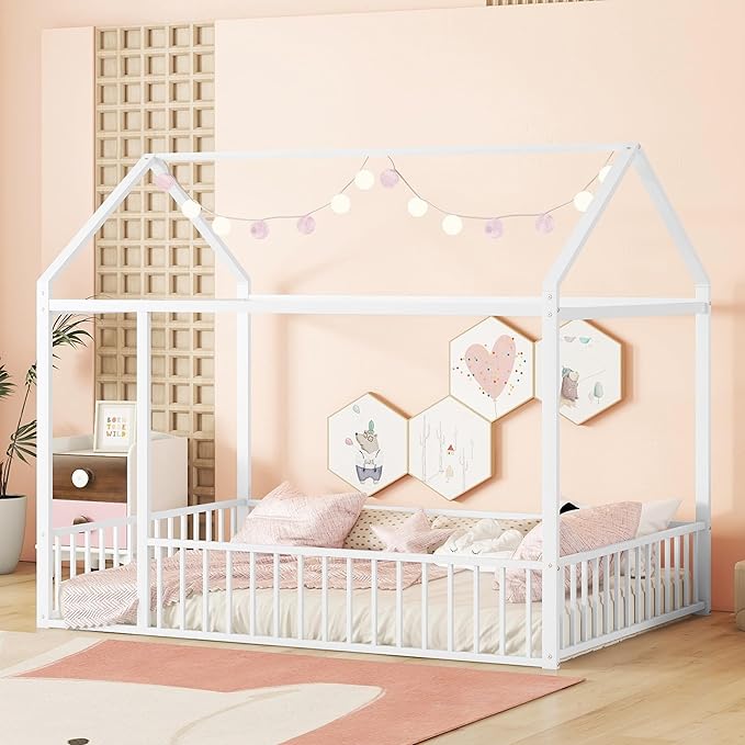 Bellemave Full Size Montessori Floor Bed, Metal House Bed Framefor Kids, Montessori Floor Beds with Fence, Playhouse for Kids, White