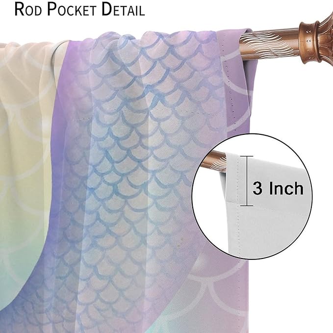 Dream Mermaid Curtains Colorful Mermaid Fish Tail Scale Fantasy Ocean Theme Beautiful Kids Window Treatment for Girls Bedroom Nursery Room Decor Rod Pocket Window Drapes 52x84in