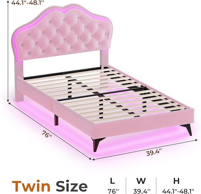 ADORNEVE Twin Size Upholstered LED Bed Frame, Girls Bed with Adjustable Crystal Button Headboard, Velvet Princess Platform Bed for Girls, Solid Wooden Slats, Easy Assembly, Pink