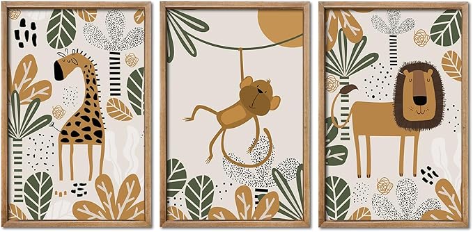 YWJKWLGS Kids Safari Animal Wall Decor, 3 Piece Nursery Art for Baby Room 16"x24" Jungle Theme Cute Lion Monkey Giraffe Prints Sign Wood Framed for Children's Room Toddler Bedroom Decoration (Wood)