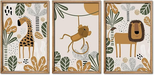 YWJKWLGS Kids Safari Animal Wall Decor, 3 Piece Nursery Art for Baby Room 16"x24" Jungle Theme Cute Lion Monkey Giraffe Prints Sign Wood Framed for Children's Room Toddler Bedroom Decoration (Wood)