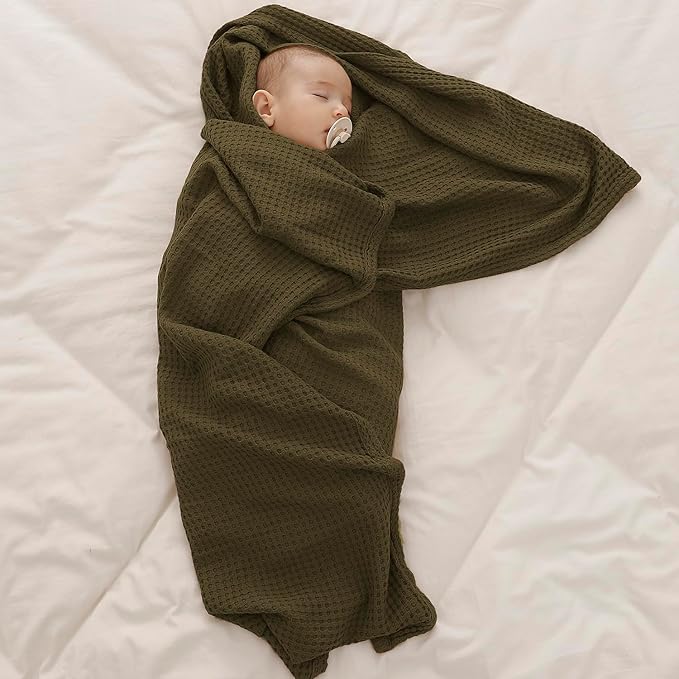 36” X 40” Inches Cooling Baby Waffle Weave Blanket, Ultra-Soft Lightweight Receiving Blanket for Newborn, Breathable Comfortable Baby Swaddle Blanket for Boys and Girls(Olive)