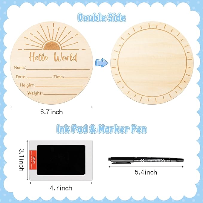 R HORSE Baby Birth Announcement Sign with Marker Pen, Boho Sun Baby Name Sign with Ink Pad for Hand and Footprints, Wooden Hello World Newborn Announcement Nursery Decor Keepsake Gifts