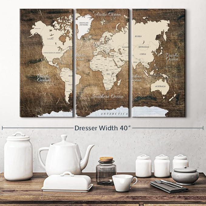 ElephantStock Aged Brown World Map I Wall Art - 3 Piece Canvas World Map Wall Decor - Ready-to-Hang Canvas Print - Vintage Wall Art - 33" X 20"