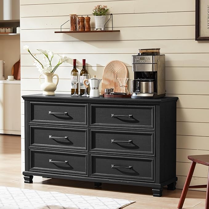 Farmhouse Wood 6 Drawer Dresser Set of 2, 54 inch Wide Large Vintage Chest of Drawers for Bedroom, Rustic Dressers TV Stand with Square Solid Wooden Legs for Living Room, Hallway, Black