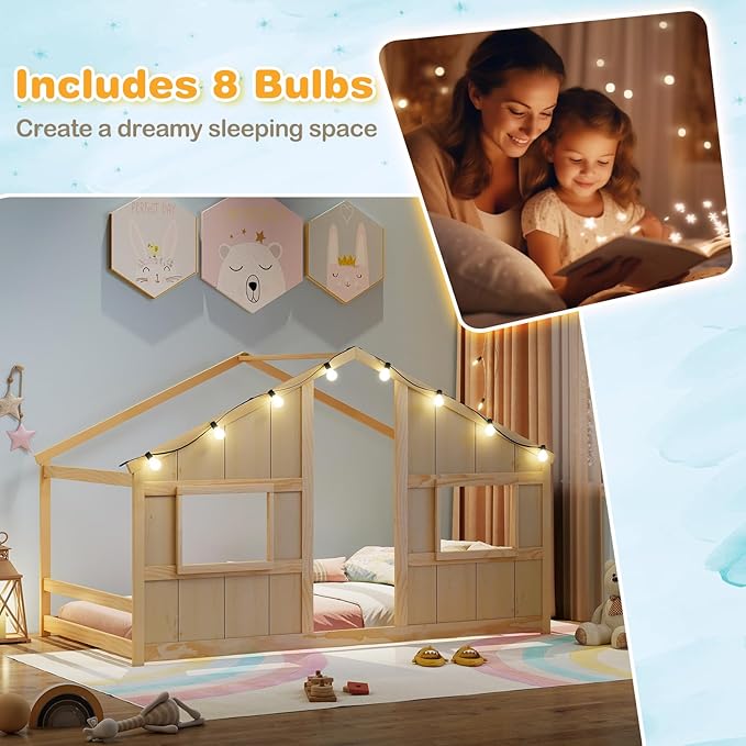 Twin Montessori Floor Bed with Roof, LED Light, Wood House Bed Frame with Headboard and 2 Windows, Low to Ground Cute Playhouse Bed for Kids, Girls, Boys, Without Slats (Natural)