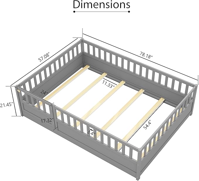 GDFStudio Full Size Floor Bed Frame with Opening Door & Guardrails, Montessori Toddler Full Bed Frame for Boys Girls, Wooden Low to Floor Bed Rails for Toddlers, Support Slat, Grey