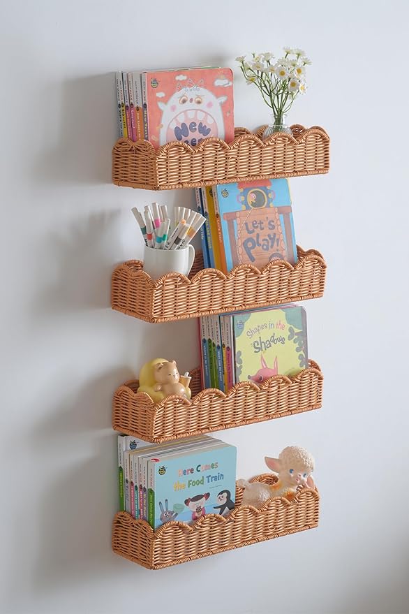 Nursery Book Shelves Set of 4, Metal & Plastic Artificial Rattan Scalloped Book Shelf 15.8", Cute Floating Bookshelf for Kids Bedroom Farmhouse Decor
