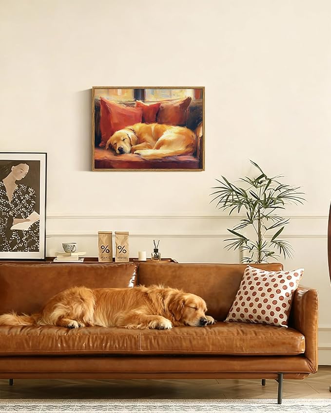 ARPEOTCY Vintage Framed Canvas Wall Art, 12x16inch, Farmhouse Sleeping Dog Wall Decor, Animal Art Prints Home Decorations, Labrador Paintings for Living Room Bedroom Office Decor