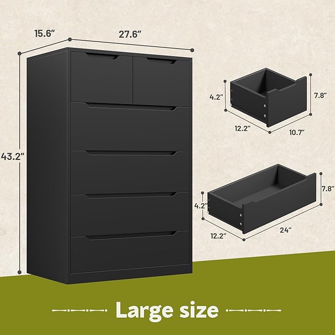 6 Drawer Dresser for Bedrom,Tall Black Chest of Drawers for Bedroom, Hallway, Modern 43.2" H X 27.6" W X15.6 D