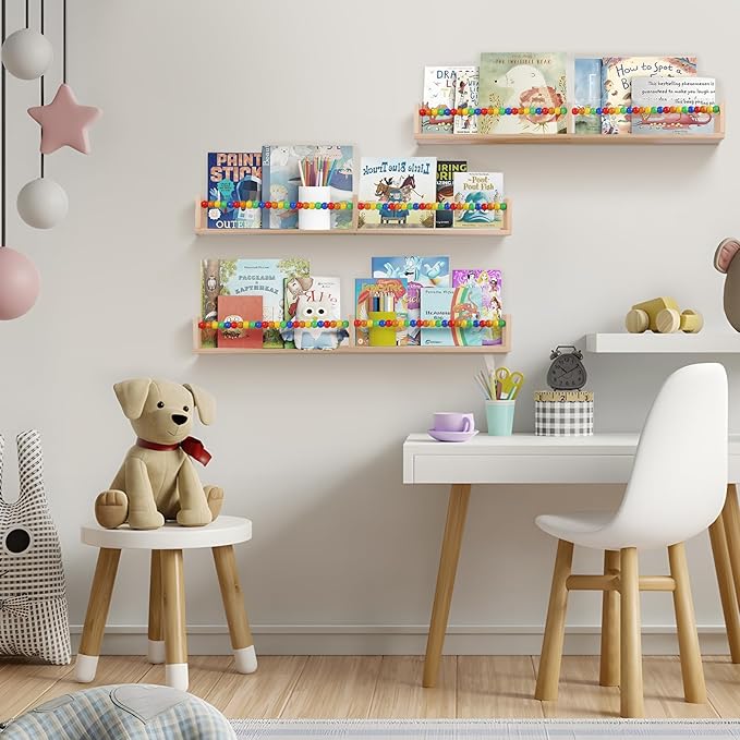 Nursery Book Shelves 32 inches Set of 3,Wall Bookshelves for Kids,Nursery Shelves for Bookshelf Wall,Book Shelf Organizer for Kids(Five-Color Beads)