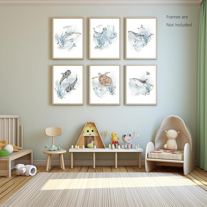 Wodkwq Nursery Wall Art Sea Animal Canvas Prints Baby Girl Boy Room Decor Watercolor Paintings Pictures Cute Ocean Theme Toddler Room Decoration Set of 6 for Kids Bedroom Bathroom 8x10in Unframed