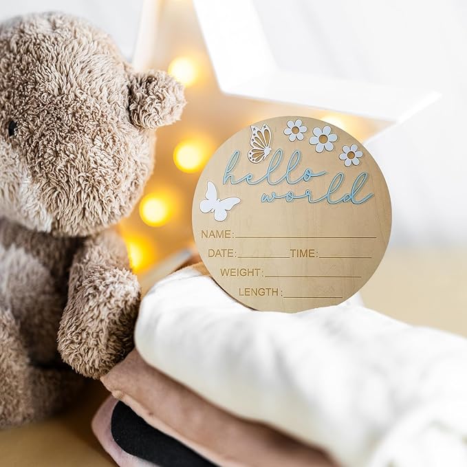 Hello World Newborn Sign - 5.9” Round Wooden Baby Announcement Sign with 3D Butterfly & Flowers - Keepsake Birth Gift for Baby Boy’s First Day, Hospital, Shower, or Nursery Décor (Blue)