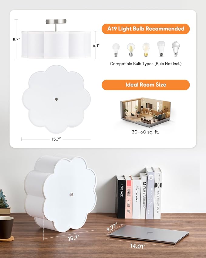 VONLUCE Semi-Flush Mount Ceiling Light, 15.7" Modern 3-Light Ceiling Light Fixture with White Petal-Shaped Shade 3 E26 Sockets for Bedroom Entryway Living Room, Nickel Finish, ETL Certificated