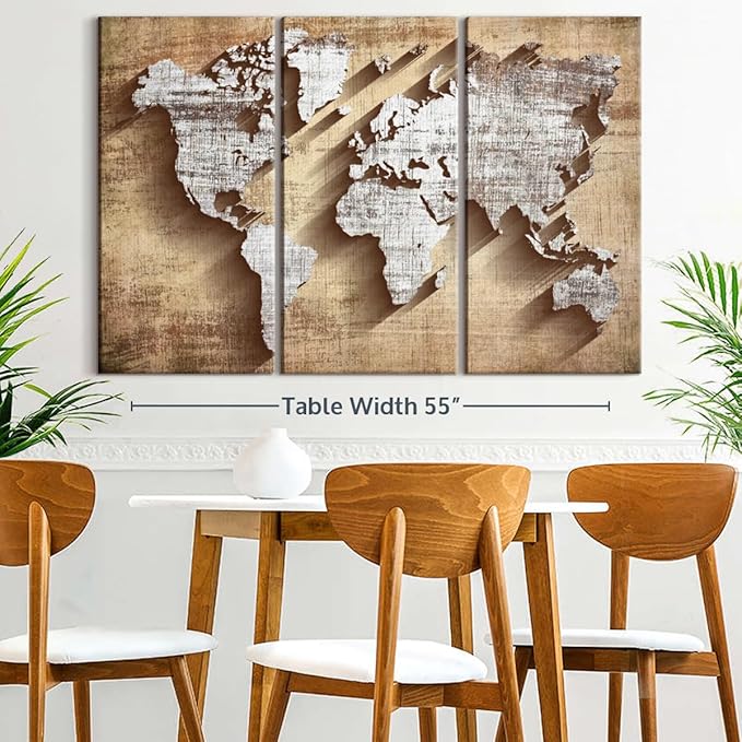 ElephantStock Dimensional World Map II Multi Piece Canvas - 3 Piece Canvas World Map Wall Decor - Wall Decor - Ready-to-Hang Print - Vintage Wall Art - 57" X 36"