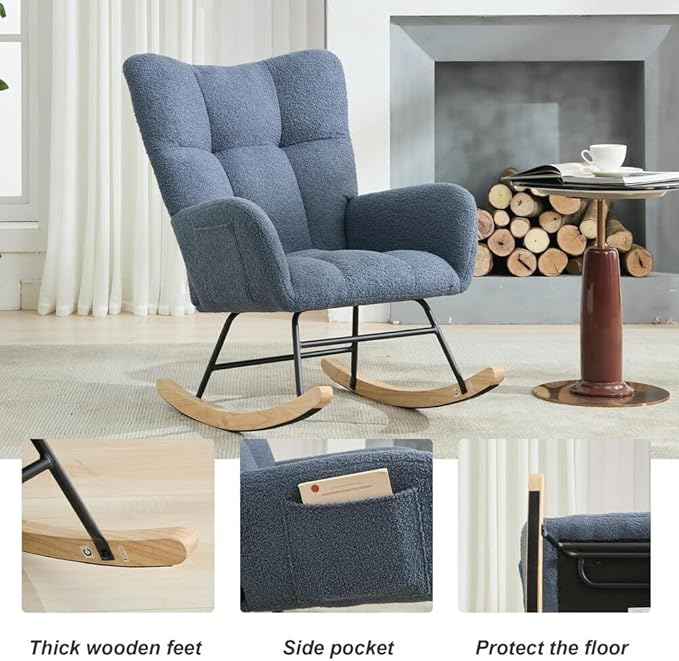 Nursery Rocking Chair Teddy Upholstered Glider Rocker Rocker Accent Chair with High Backrest Armchair Comfy Side Pocket Modern Rocking Accent Chairs for Living Room, Nursery, Office-Navy