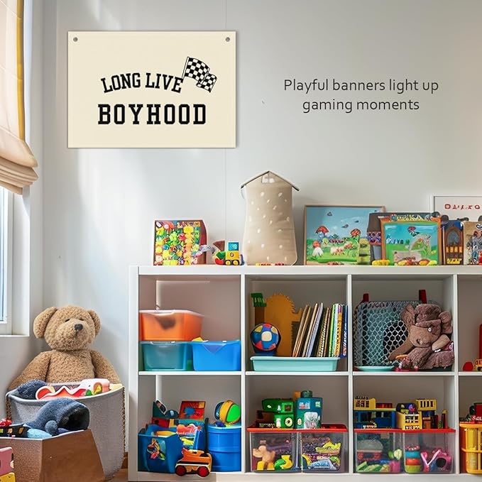Long Live Boyhood Boys Room Decor - Linen Nursery Banner for Toddler Room Decoration, Farmhouse Kids Wall Hanging, Canvas Banner Flag for Baby Shower, Birthday Gift - A03