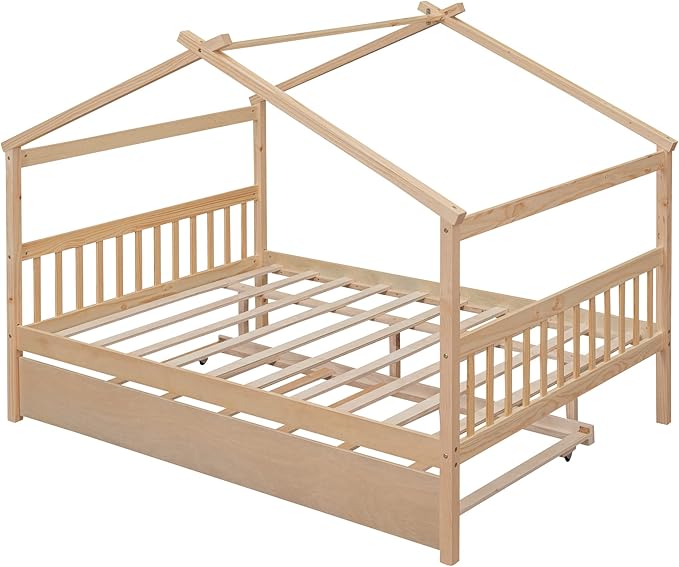 Merax Full Size Wooden House Bed with Trundle, Wood Bed Frame with Roof for Kids, Teens, Boys or Girls, Natural
