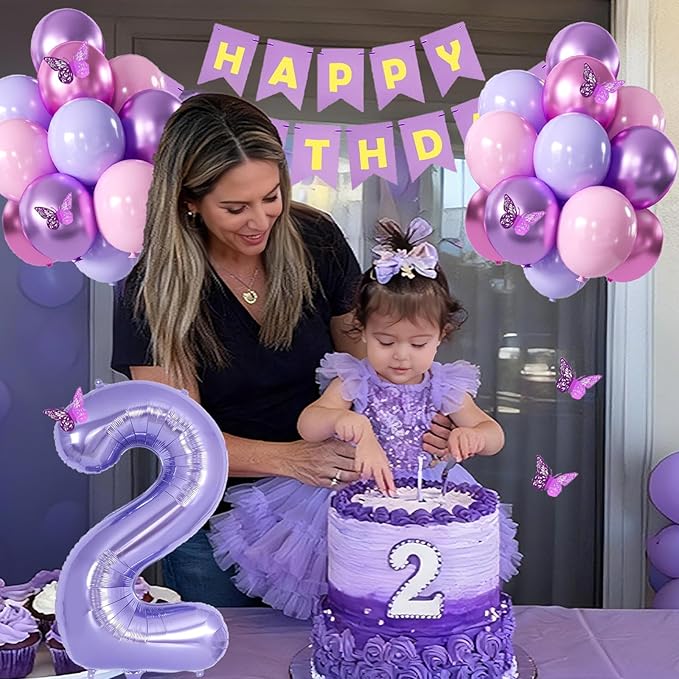 2nd Birthday Decorations for Girl -12 inch Purple Pink Balloons, 40 Inch Purple 2 Balloon,3D Butterflies Stickers, Happy Birthday Banner for Baby Girl 2 Year Old BD Party Decorations