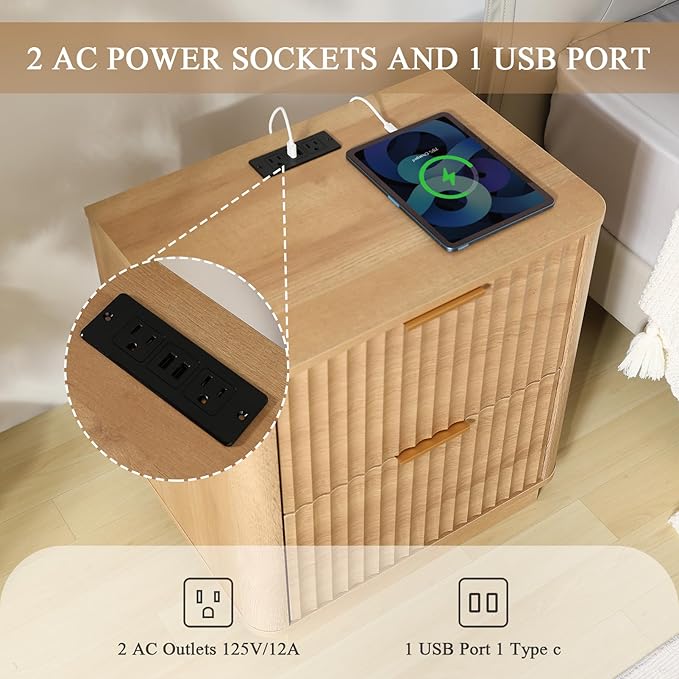 Fluted Nightstand with Charging Station, 23" Night Stands with 2 Drawers, Wood End Table with Storage, Oak Bedside Cabinet for Bedroom