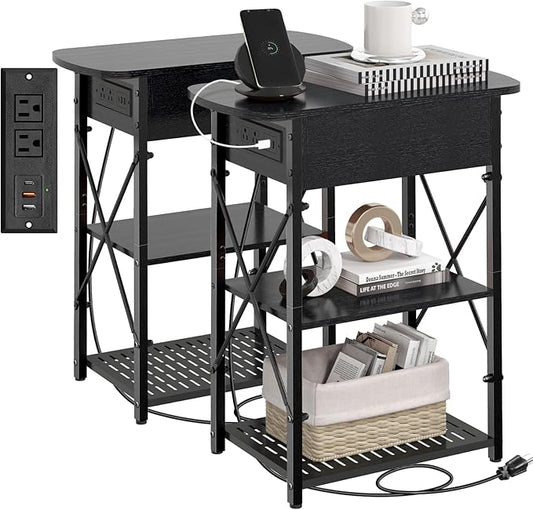 Livofloral Narrow Side Table with Charging Station, End Tables Set of 2 for Small Spaces, Flip Top End Table with Storage, Black End Tables Living Room, Nightstand Set 2 with Drawer for Bedroom
