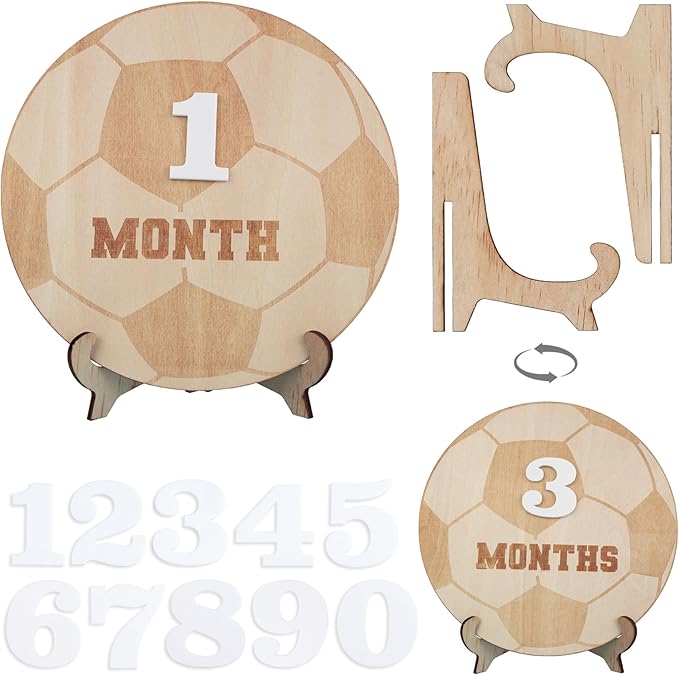 Wooden 3D Baby Monthly Milestone Cards Monthly Milestone Discs Newborn Photography Props Baby Announcement Sign Baby (Soccer)