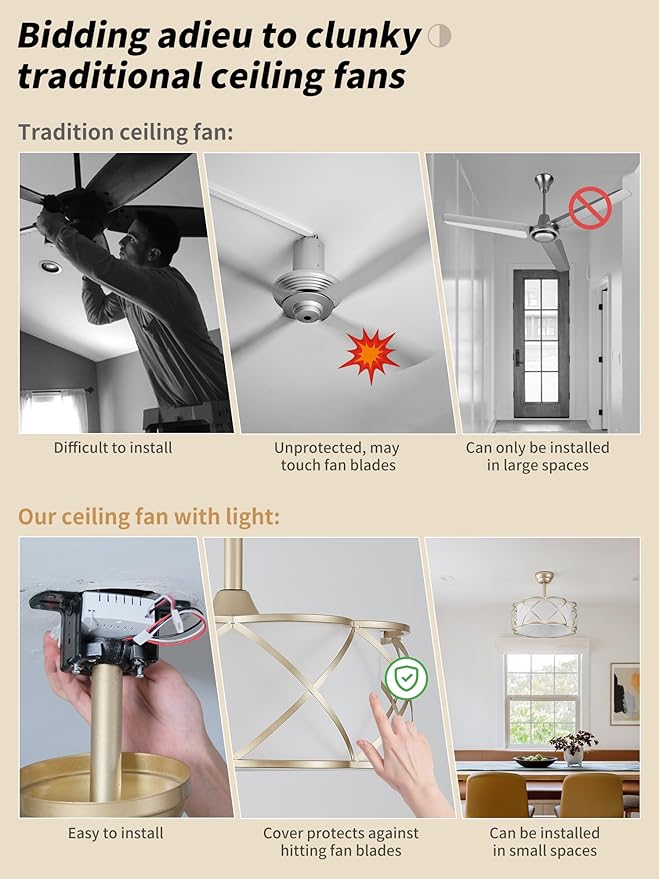 20" Gold Fandelier Ceiling Fan with Light, Fabric Boho Chandelier Ceiling Fans with Lights Remote Control, Mid-Century Modern Caged with 6 Speeds for Bedroom, Nursery