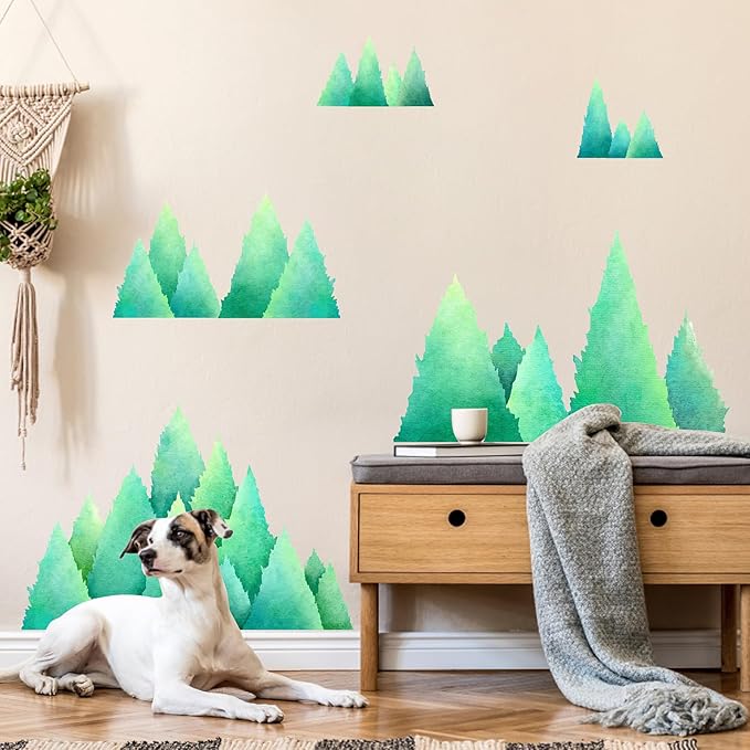Watercolor Pine Tree Wall Decals Large Tree Wall Decal Sticker Green Tree Branches Wall Decals Evergreen Tree Wall Stickers Forest Decor Woodland Pine Tree Wall Stickers for Nursery Bedroom