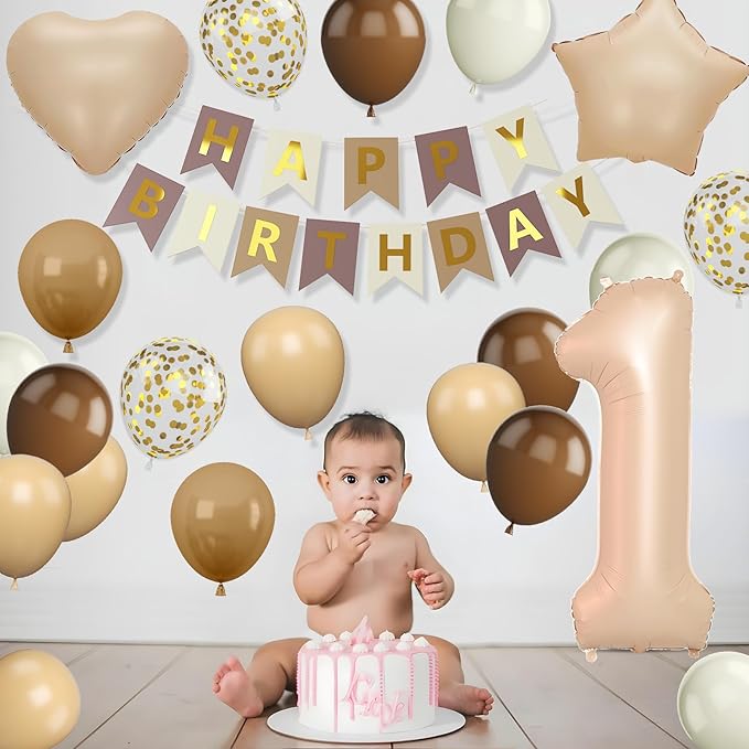 Brown Neutral 1st Birthday Decorations for Boys and Girls, Brown Beige Cream Balloons with 40 Inch Number 1 Foil Balloons Birthday Banner for 1 Year Old Boho Baby Shower Boho Party Decor
