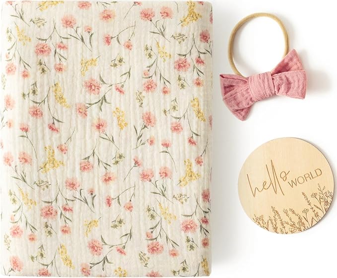 Little Jump Baby Muslin Swaddle Blankets for Girls, Newborn Swaddle Set with Matching Headband Bow, 47 x 47 inches Floral Print Hospital Home-Coming Baby Announcement Blanket.(Floral)