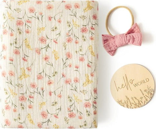 Little Jump Baby Muslin Swaddle Blankets for Girls, Newborn Swaddle Set with Matching Headband Bow, 47 x 47 inches Floral Print Hospital Home-Coming Baby Announcement Blanket.(Floral)