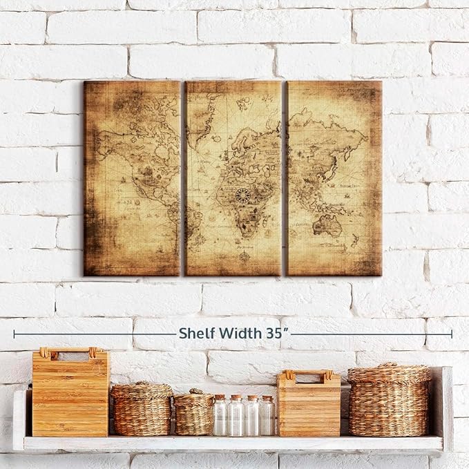 ElephantStock Ancient World Map Wall Art Multi Piece Canvas - 3 Piece Canvas World Map Wall Decor - Wall Decor - Ready-to-Hang Print - Vintage Wall Art - 23" X 14"