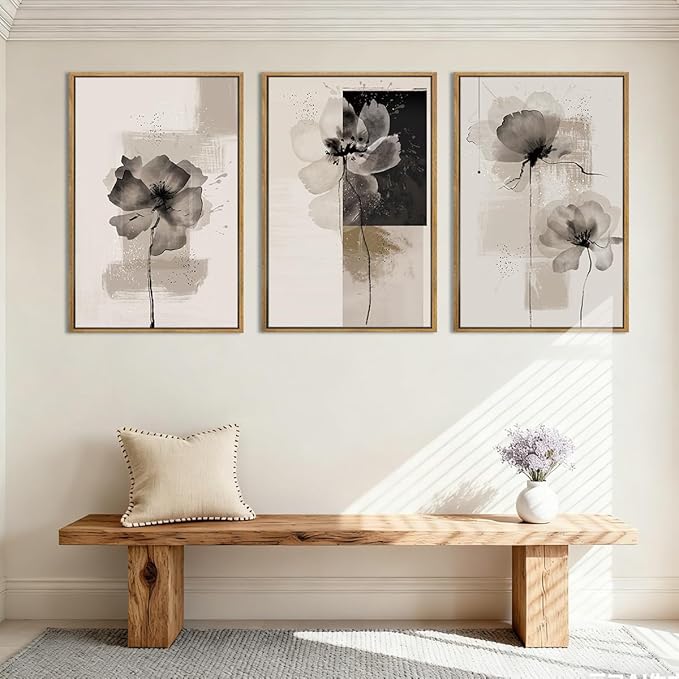 IARTTOP Framed Black Neutral Large Canvas Wall Art 16x24 Inch Minimalist Abstract White Tan Brown Flower Wall Decor Set of 3 for Living Room Bedroom Dining room