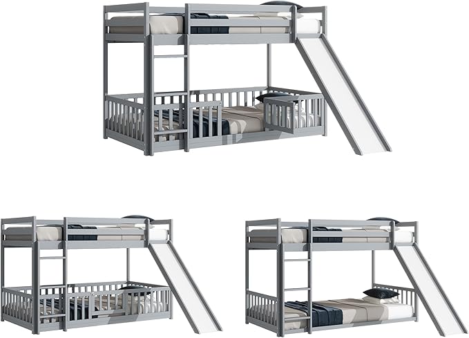 Twin Over Twin Bunk Bed with Slide and Ladder, Wood Floor Bunk Bed Frame with Door and Safety Guardrails for Kids Teens Boys Girls, No Box Spring Needed