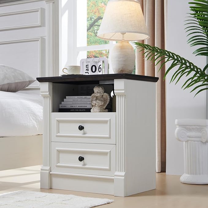 26" Tall 2 Drawers Dresser for Bedroom, Farmhouse 23.6" Wide Large Nightstand with Charging Station, Wood Rustic Side Table w/Roman Column, End Table for Bedroom, Living Room, White
