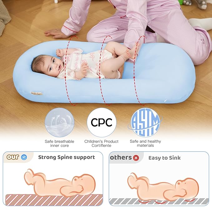 Lucakuins Baby Lounger, Bionic Design Baby Lounger for Newborn 0-24 Months, Soft Organic Cotton Breathable Lounger for Infants (Blue Newborn Lounger)