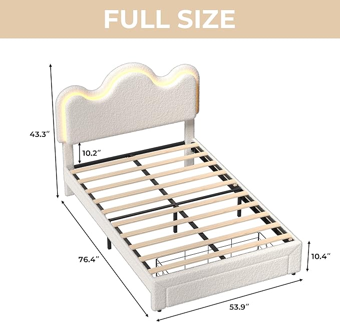 FULL Upholstered LED Bed Frame with Storage Drawers Girls Bed with flower Headboard Lamb Velvet Princess Platform Bed Frame for Kids/Girls Strong Wood Slat Support,No Box Spring Needed,Easy Assembly