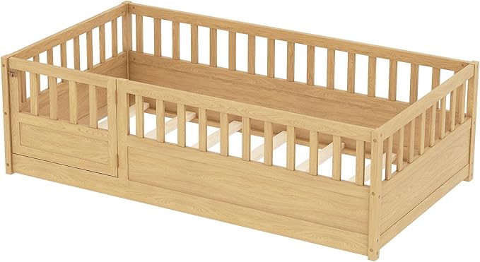 Bellemave Twin Floor Bed with Slats and High Fence, Twin Size Montessori Floor Beds with Door, No Box Spring Needed, Easy Assemble Montessori Bed Frame(Natural Twin)