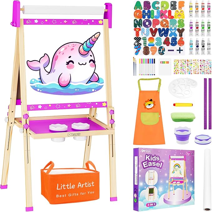 Easel for Kids Toys,Toddler Art Easel with Art Supplies, Height Adjustable Double-Sided Magnetic Dry Eraser Whiteboard and Chalk Board with Paper Roll,4 5 6 7 8 9 10 Year Old Girl Birthday Gifts