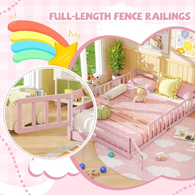 Giantex Queen Floor Bed with Door & Fence, Kids Wood Montessori Beds with Safety Guardrails, Floor Bed Twin for Kids, Boys, Girls, No Box Spring Needed, Pink
